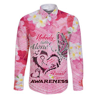 Butterfly Polynesia Breast Cancer Family Matching Puletasi and Hawaiian Shirt Nobody Fights Alone Pink Out Tropical Hibiscus
