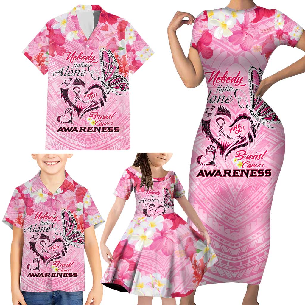 Butterfly Polynesia Breast Cancer Family Matching Short Sleeve Bodycon Dress and Hawaiian Shirt Nobody Fights Alone Pink Out Tropical Hibiscus