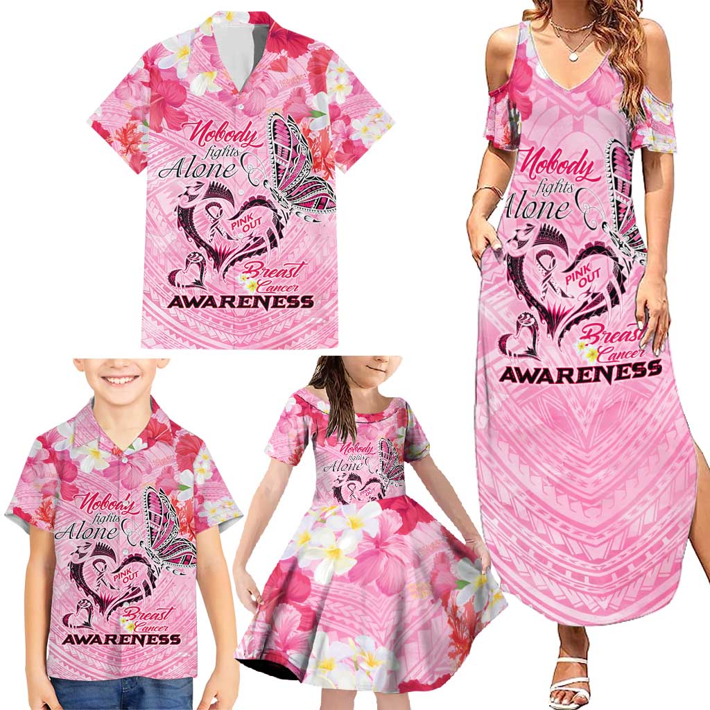 Butterfly Polynesia Breast Cancer Family Matching Summer Maxi Dress and Hawaiian Shirt Nobody Fights Alone Pink Out Tropical Hibiscus