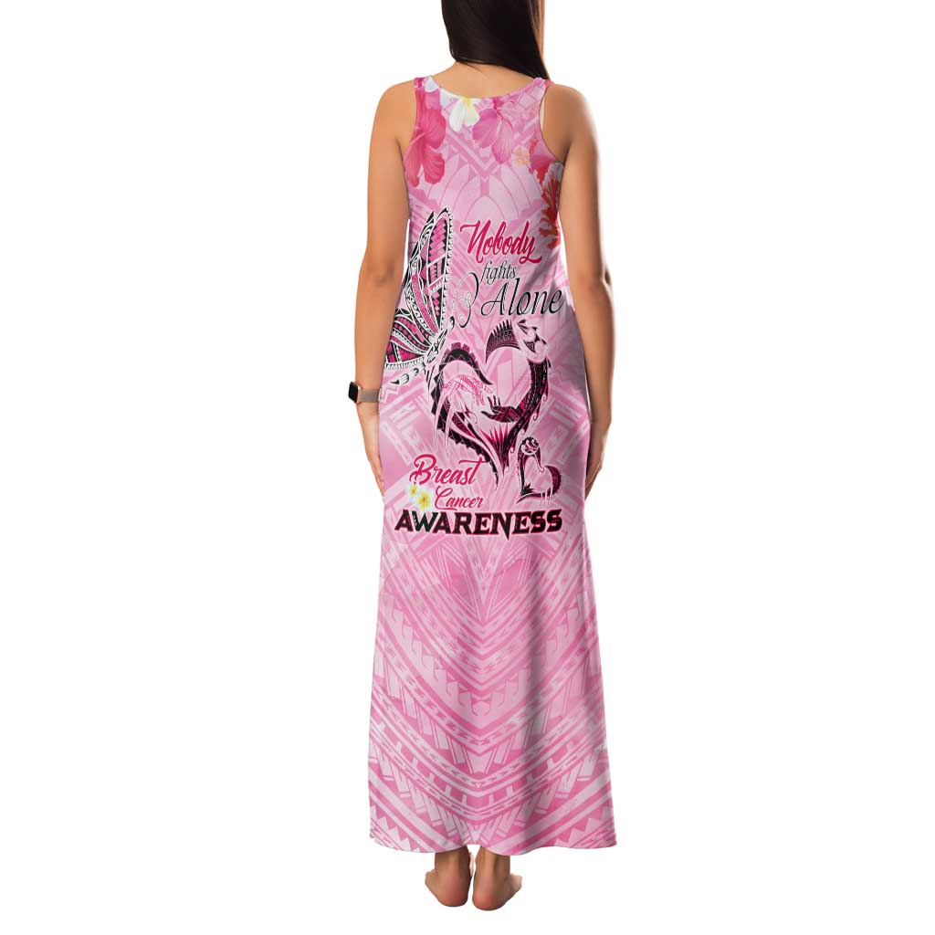 Butterfly Polynesia Breast Cancer Family Matching Tank Maxi Dress and Hawaiian Shirt Nobody Fights Alone Pink Out Tropical Hibiscus