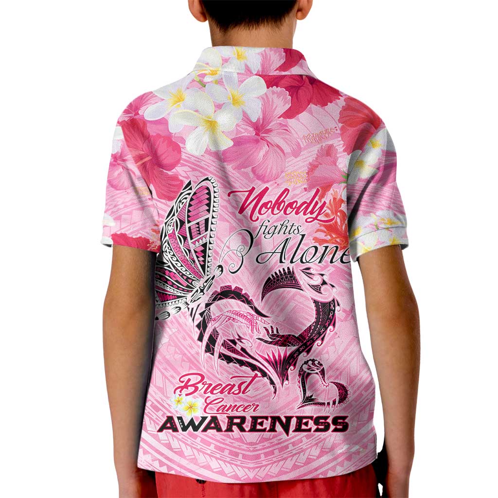 Butterfly Polynesia Breast Cancer Kid Polo Shirt Nobody Fights Alone Pink Out Tropical Hibiscus