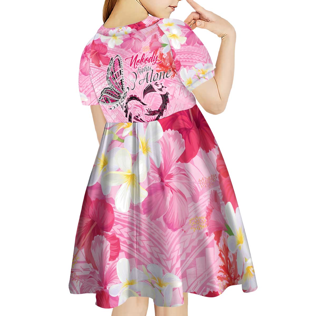 Butterfly Polynesia Breast Cancer Kid Short Sleeve Dress Nobody Fights Alone Pink Out Tropical Hibiscus
