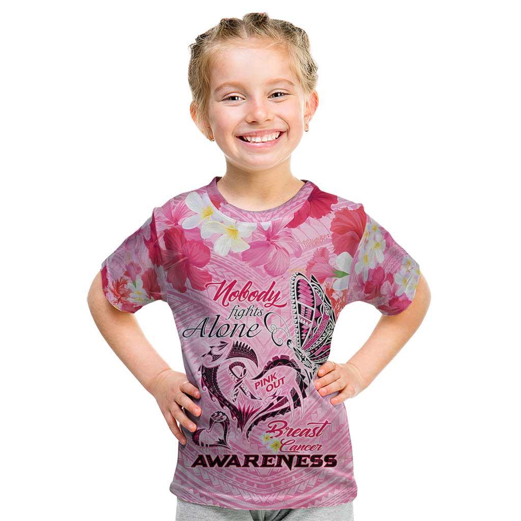 Butterfly Polynesia Breast Cancer Kid T Shirt Nobody Fights Alone Pink Out Tropical Hibiscus