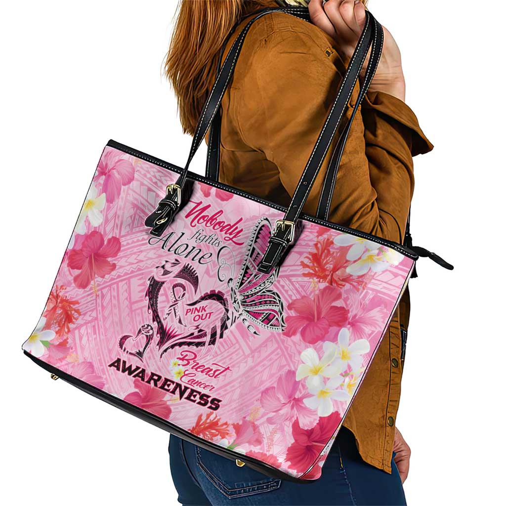 Butterfly Polynesia Breast Cancer Leather Tote Bag Nobody Fights Alone Pink Out Tropical Hibiscus
