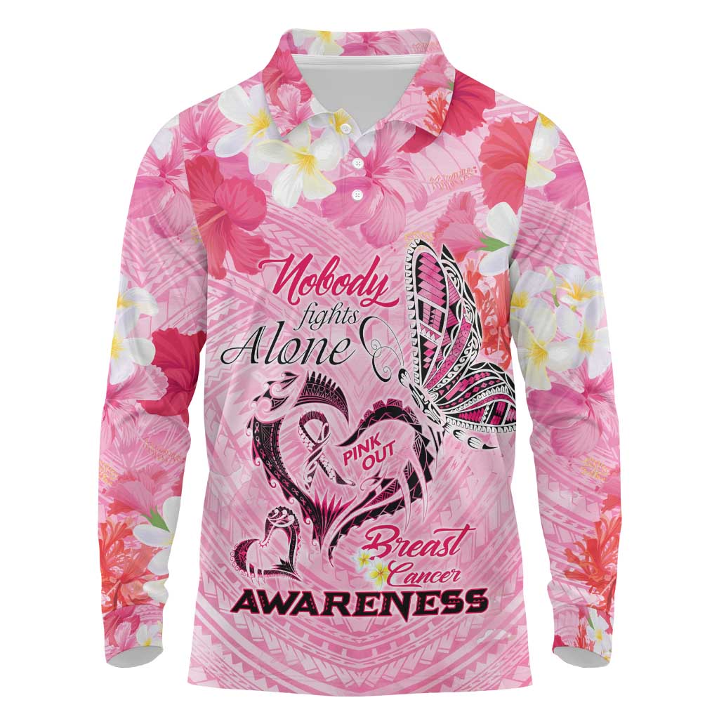 Butterfly Polynesia Breast Cancer Long Sleeve Polo Shirt Nobody Fights Alone Pink Out Tropical Hibiscus
