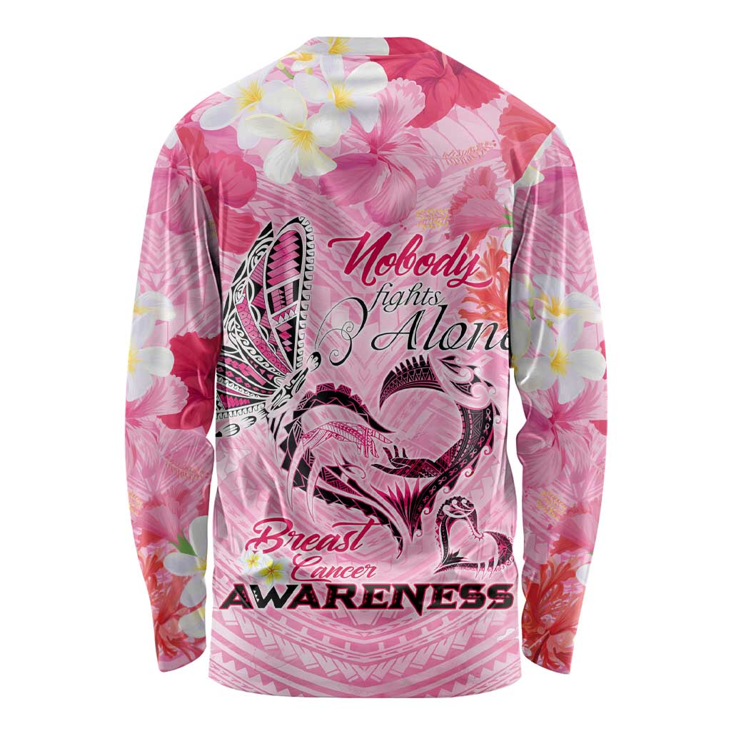 Butterfly Polynesia Breast Cancer Long Sleeve Shirt Nobody Fights Alone Pink Out Tropical Hibiscus DT02 - Polynesian Pride