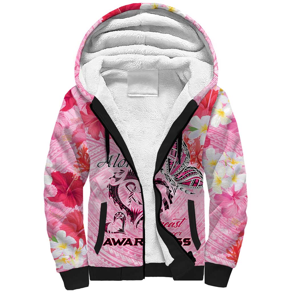 Butterfly Polynesia Breast Cancer Sherpa Hoodie Nobody Fights Alone Pink Out Tropical Hibiscus DT02 Unisex Pink - Polynesian Pride