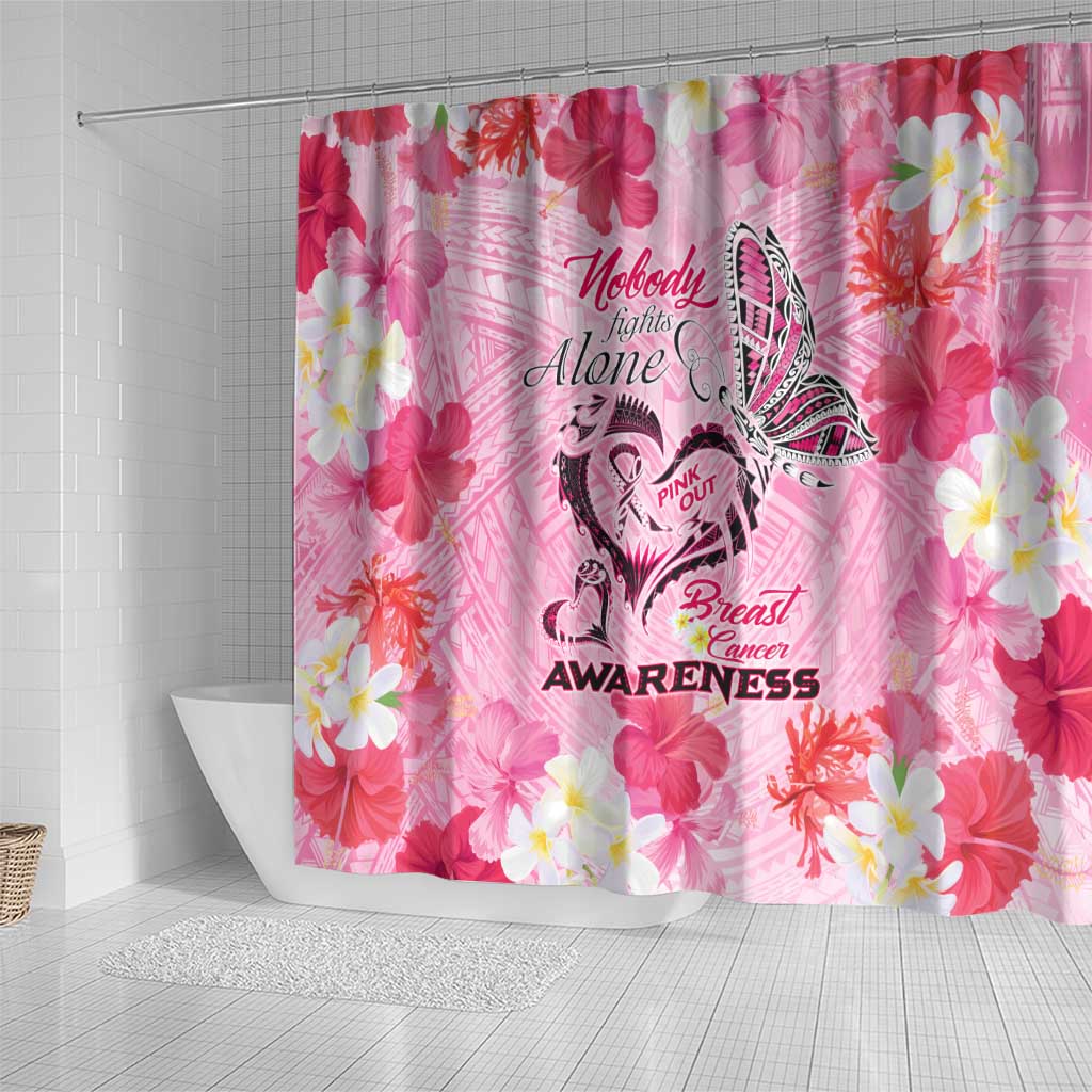 Butterfly Polynesia Breast Cancer Shower Curtain Nobody Fights Alone Pink Out Tropical Hibiscus