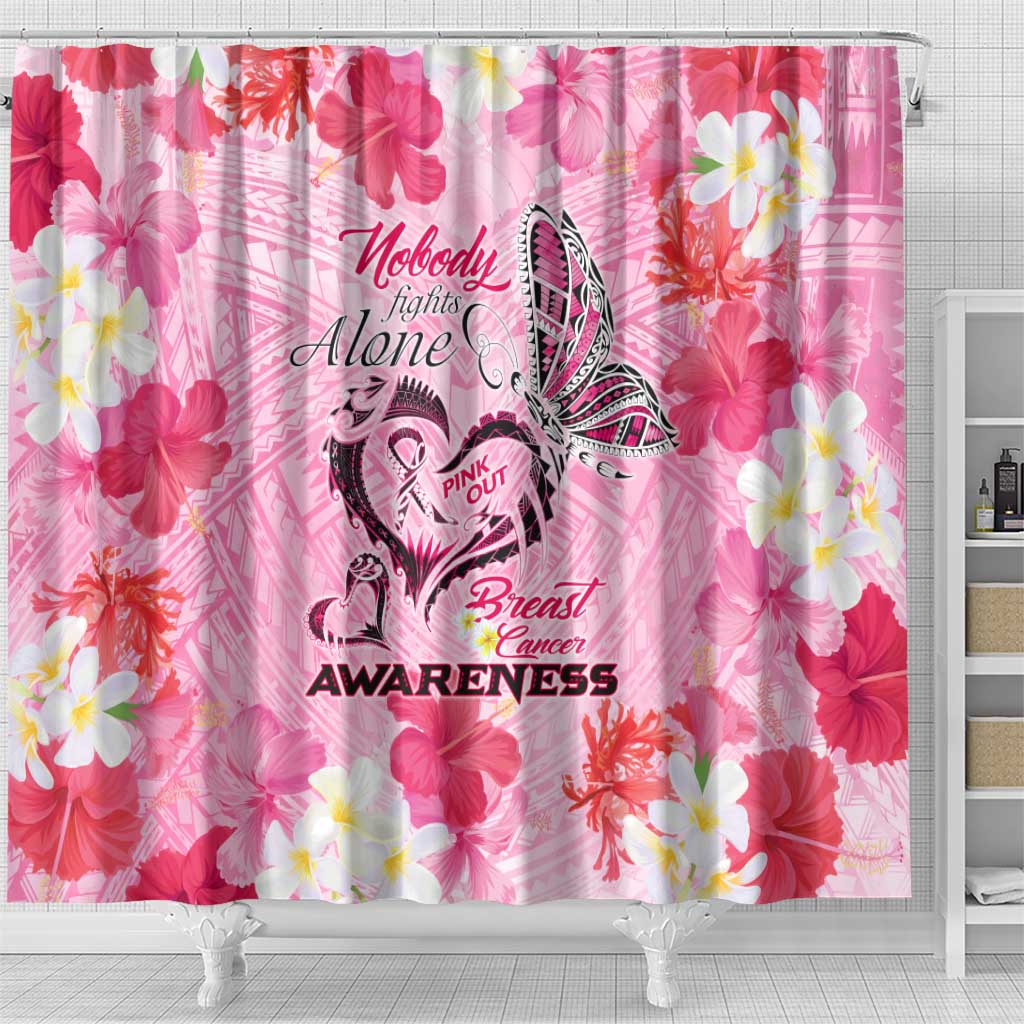 Butterfly Polynesia Breast Cancer Shower Curtain Nobody Fights Alone Pink Out Tropical Hibiscus