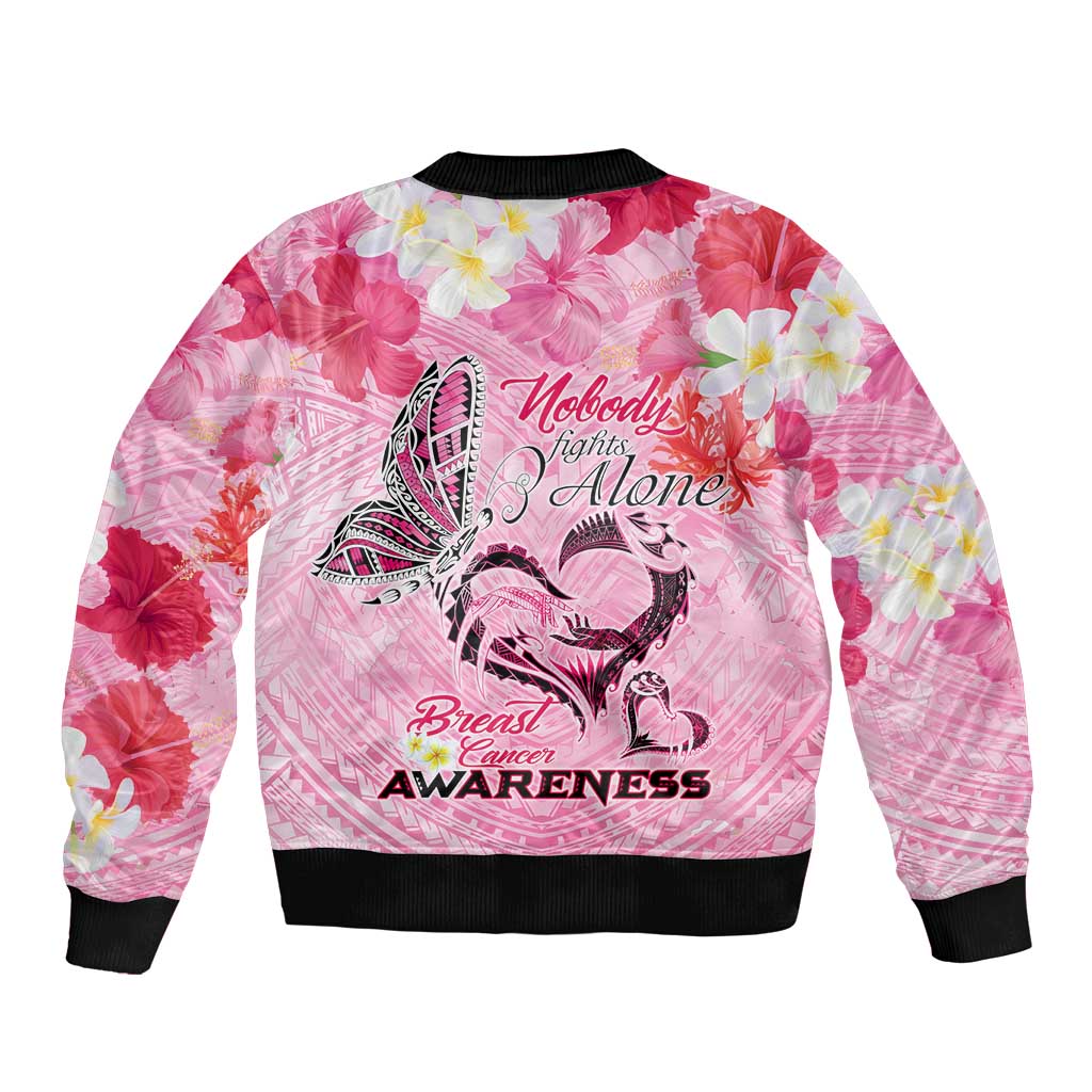 Butterfly Polynesia Breast Cancer Sleeve Zip Bomber Jacket Nobody Fights Alone Pink Out Tropical Hibiscus