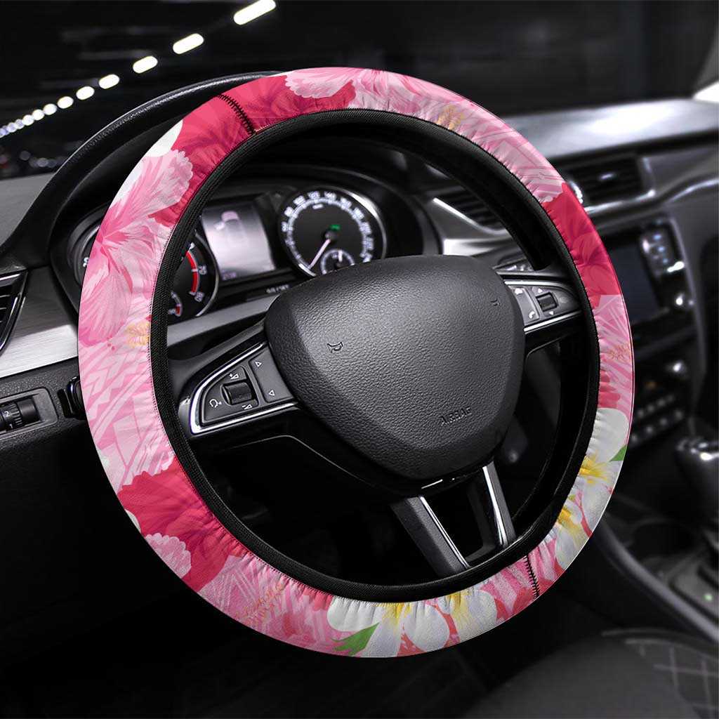 Butterfly Polynesia Breast Cancer Steering Wheel Cover Nobody Fights Alone Pink Out Tropical Hibiscus DT02 Universal Fit Pink - Polynesian Pride