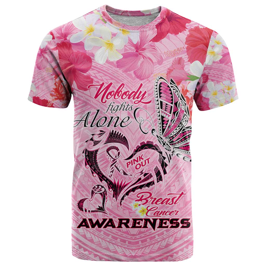 Butterfly Polynesia Breast Cancer T Shirt Nobody Fights Alone Pink Out Tropical Hibiscus