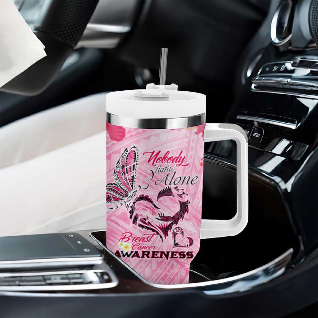 Butterfly Polynesia Breast Cancer Tumbler With Handle Nobody Fights Alone Pink Out Tropical Hibiscus