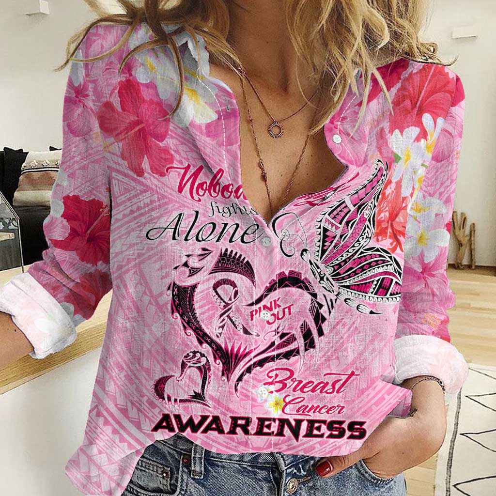 Butterfly Polynesia Breast Cancer Women Casual Shirt Nobody Fights Alone Pink Out Tropical Hibiscus