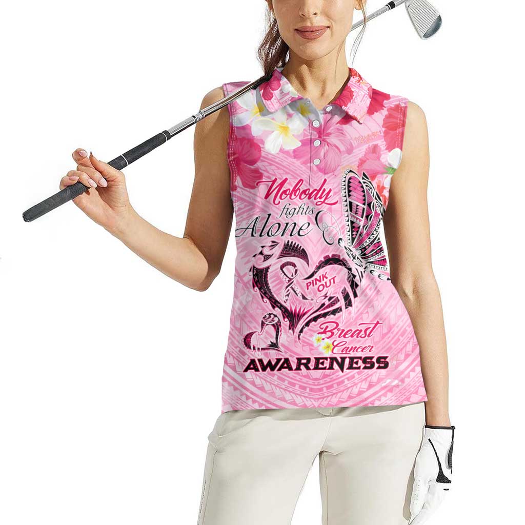 Butterfly Polynesia Breast Cancer Women Sleeveless Polo Shirt Nobody Fights Alone Pink Out Tropical Hibiscus