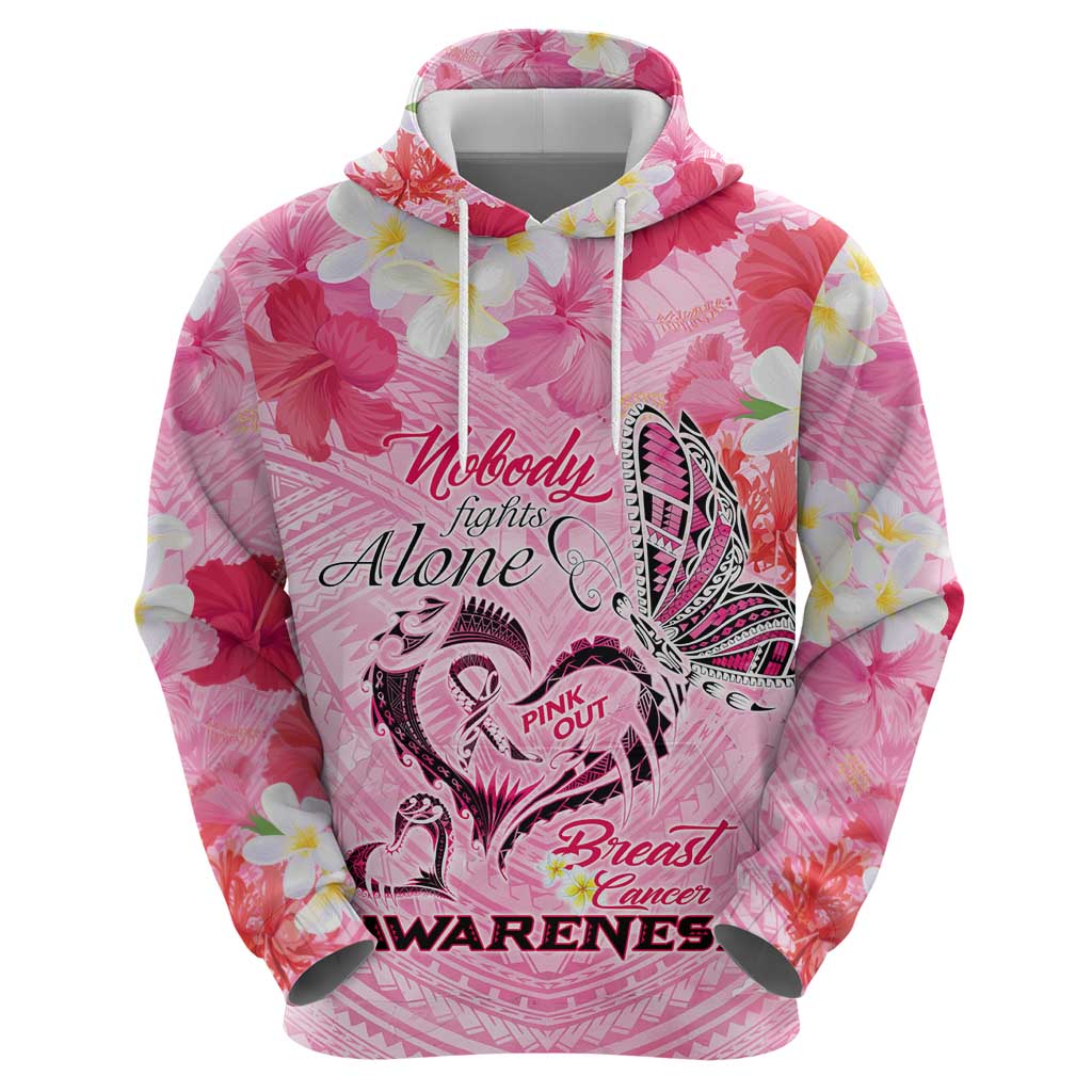 Butterfly Polynesia Breast Cancer Zip Hoodie Nobody Fights Alone Pink Out Tropical Hibiscus