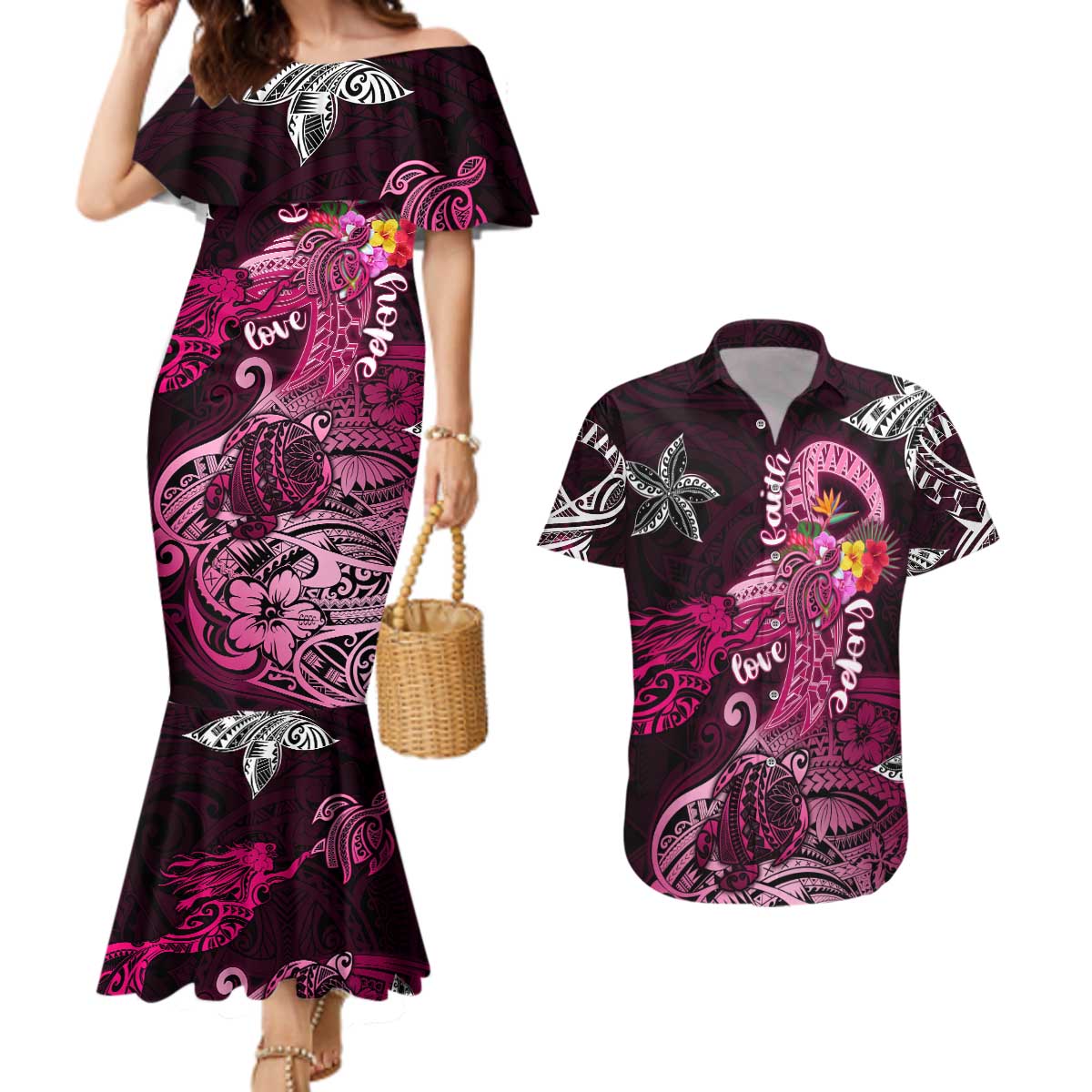 Breast Cancer Mermaid Polynesia Couples Matching Mermaid Dress and Hawaiian Shirt Faith Hope Love