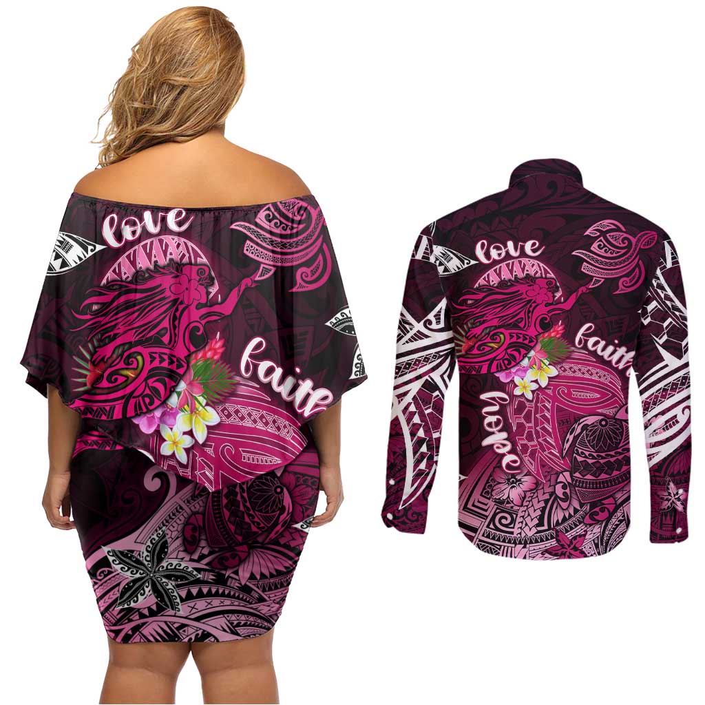 Breast Cancer Mermaid Polynesia Couples Matching Off Shoulder Short Dress and Long Sleeve Button Shirt Faith Hope Love