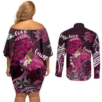 Breast Cancer Mermaid Polynesia Couples Matching Off Shoulder Short Dress and Long Sleeve Button Shirt Faith Hope Love