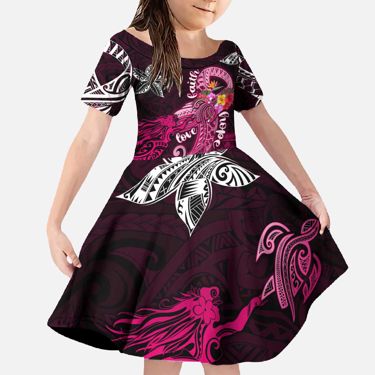 Breast Cancer Mermaid Polynesia Family Matching Off The Shoulder Long Sleeve Dress and Hawaiian Shirt Faith Hope Love