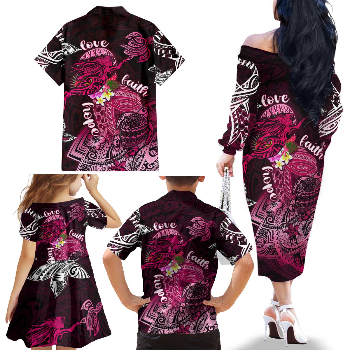 Breast Cancer Mermaid Polynesia Family Matching Off The Shoulder Long Sleeve Dress and Hawaiian Shirt Faith Hope Love