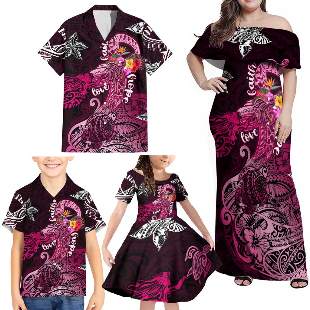 Breast Cancer Mermaid Polynesia Family Matching Off Shoulder Maxi Dress and Hawaiian Shirt Faith Hope Love