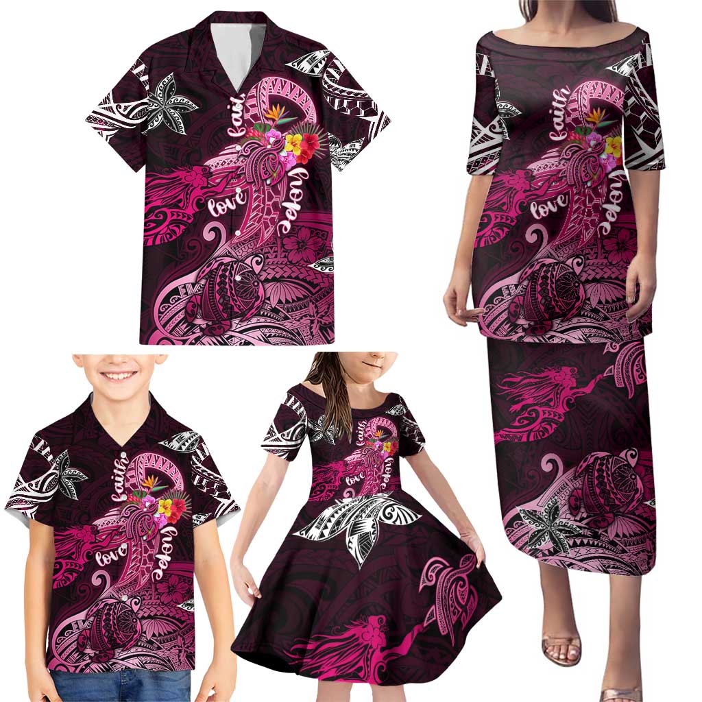Breast Cancer Mermaid Polynesia Family Matching Puletasi and Hawaiian Shirt Faith Hope Love