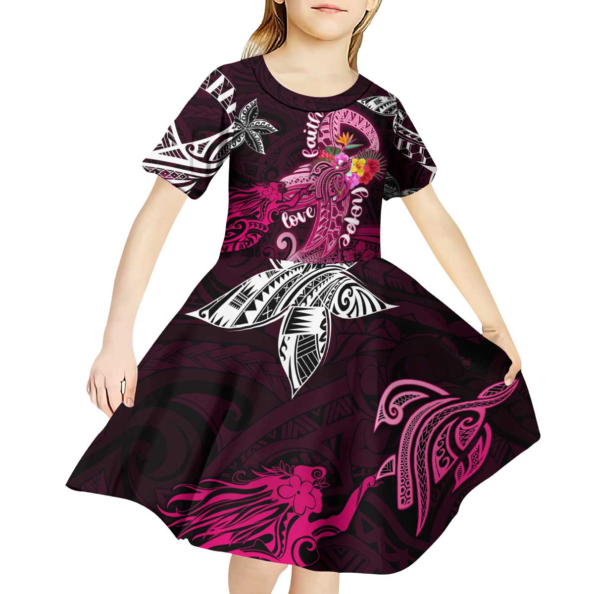 Breast Cancer Mermaid Polynesia Kid Short Sleeve Dress Faith Hope Love