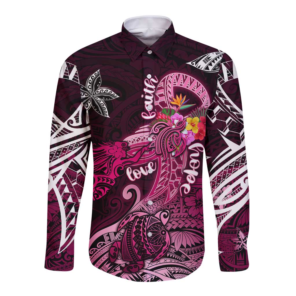 Breast Cancer Mermaid Polynesia Long Sleeve Button Shirt Faith Hope Love