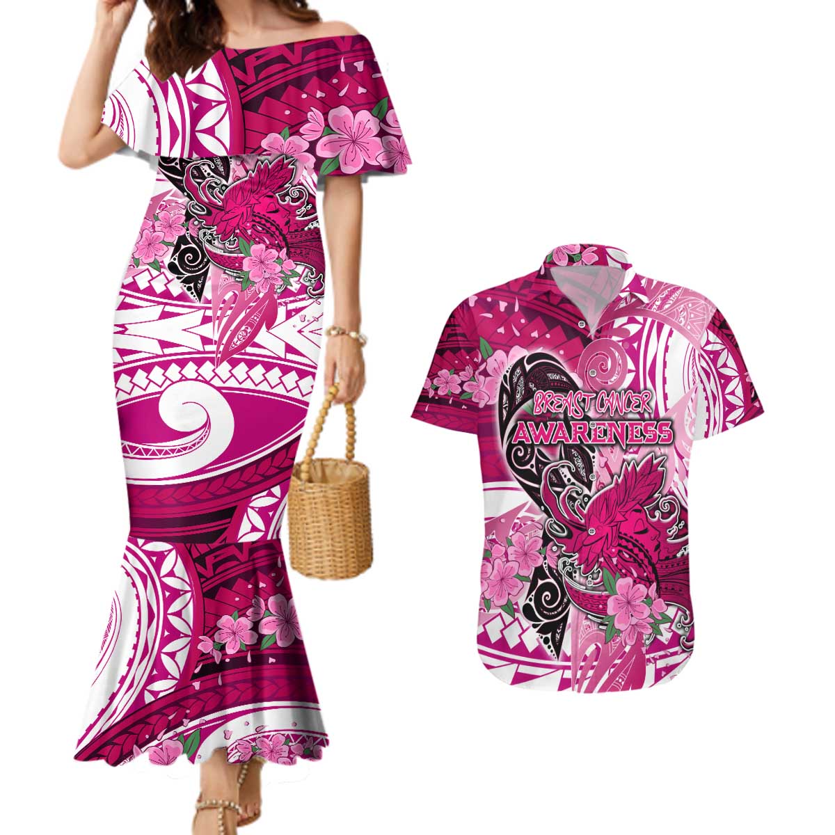 Breast Cancer Awareness Hawaii Couples Matching Mermaid Dress and Hawaiian Shirt Polynesia Girl Nobody Fights Alone DT02 Pink - Polynesian Pride