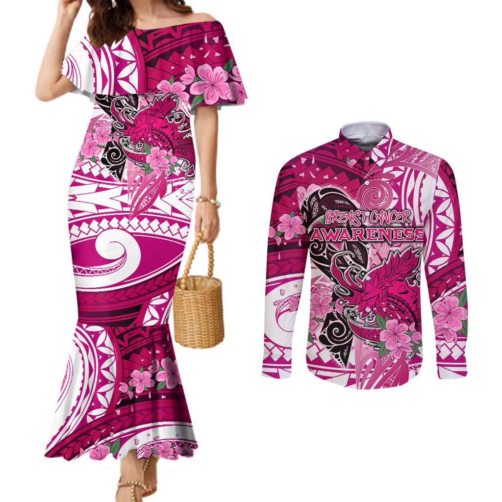 Breast Cancer Awareness Hawaii Couples Matching Mermaid Dress and Long Sleeve Button Shirt Polynesia Girl Nobody Fights Alone DT02 Pink - Polynesian Pride