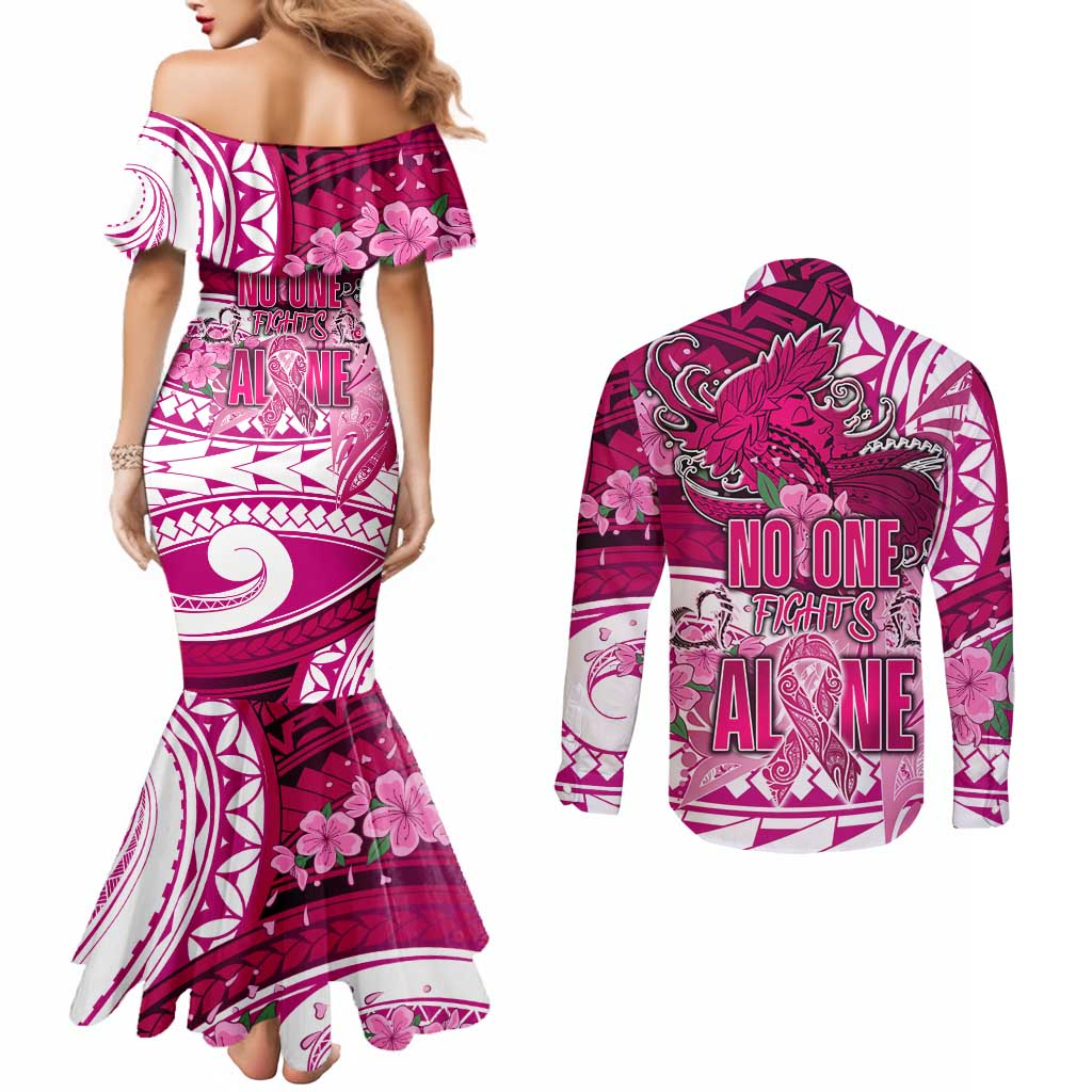 Breast Cancer Awareness Hawaii Couples Matching Mermaid Dress and Long Sleeve Button Shirt Polynesia Girl Nobody Fights Alone DT02 - Polynesian Pride
