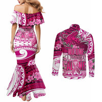 Breast Cancer Awareness Hawaii Couples Matching Mermaid Dress and Long Sleeve Button Shirt Polynesia Girl Nobody Fights Alone DT02 - Polynesian Pride