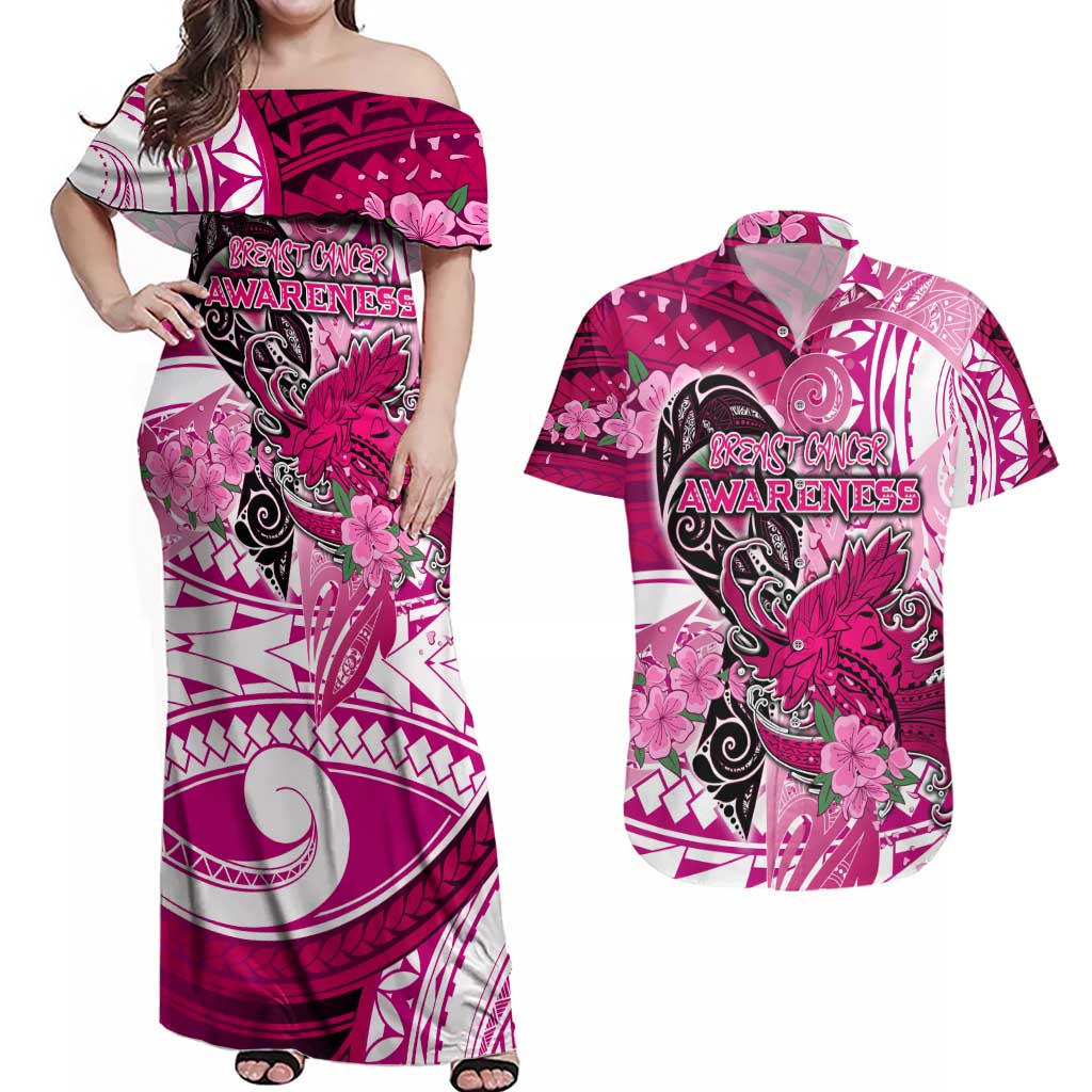 Breast Cancer Awareness Hawaii Couples Matching Off Shoulder Maxi Dress and Hawaiian Shirt Polynesia Girl Nobody Fights Alone DT02 Pink - Polynesian Pride