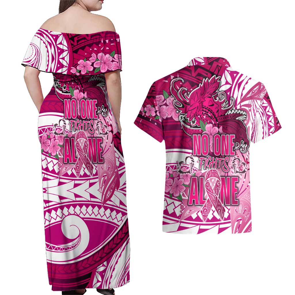 Breast Cancer Awareness Hawaii Couples Matching Off Shoulder Maxi Dress and Hawaiian Shirt Polynesia Girl Nobody Fights Alone DT02 - Polynesian Pride