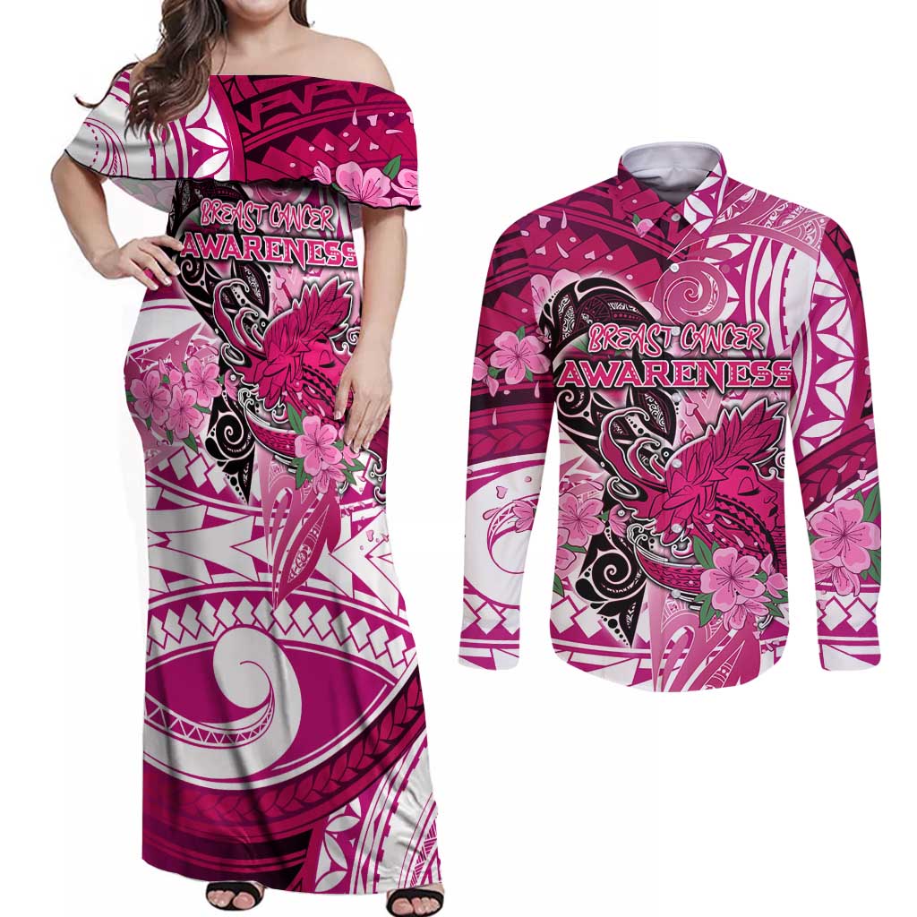 Breast Cancer Awareness Hawaii Couples Matching Off Shoulder Maxi Dress and Long Sleeve Button Shirt Polynesia Girl Nobody Fights Alone DT02 Pink - Polynesian Pride