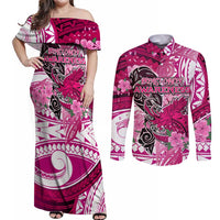 Breast Cancer Awareness Hawaii Couples Matching Off Shoulder Maxi Dress and Long Sleeve Button Shirt Polynesia Girl Nobody Fights Alone DT02 Pink - Polynesian Pride