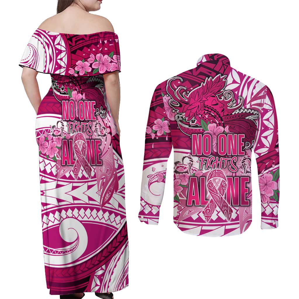 Breast Cancer Awareness Hawaii Couples Matching Off Shoulder Maxi Dress and Long Sleeve Button Shirt Polynesia Girl Nobody Fights Alone DT02 - Polynesian Pride