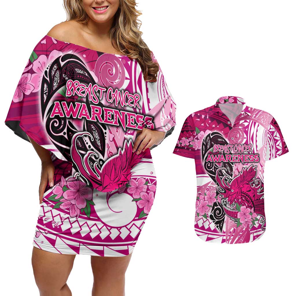Breast Cancer Awareness Hawaii Couples Matching Off Shoulder Short Dress and Hawaiian Shirt Polynesia Girl Nobody Fights Alone DT02 Pink - Polynesian Pride