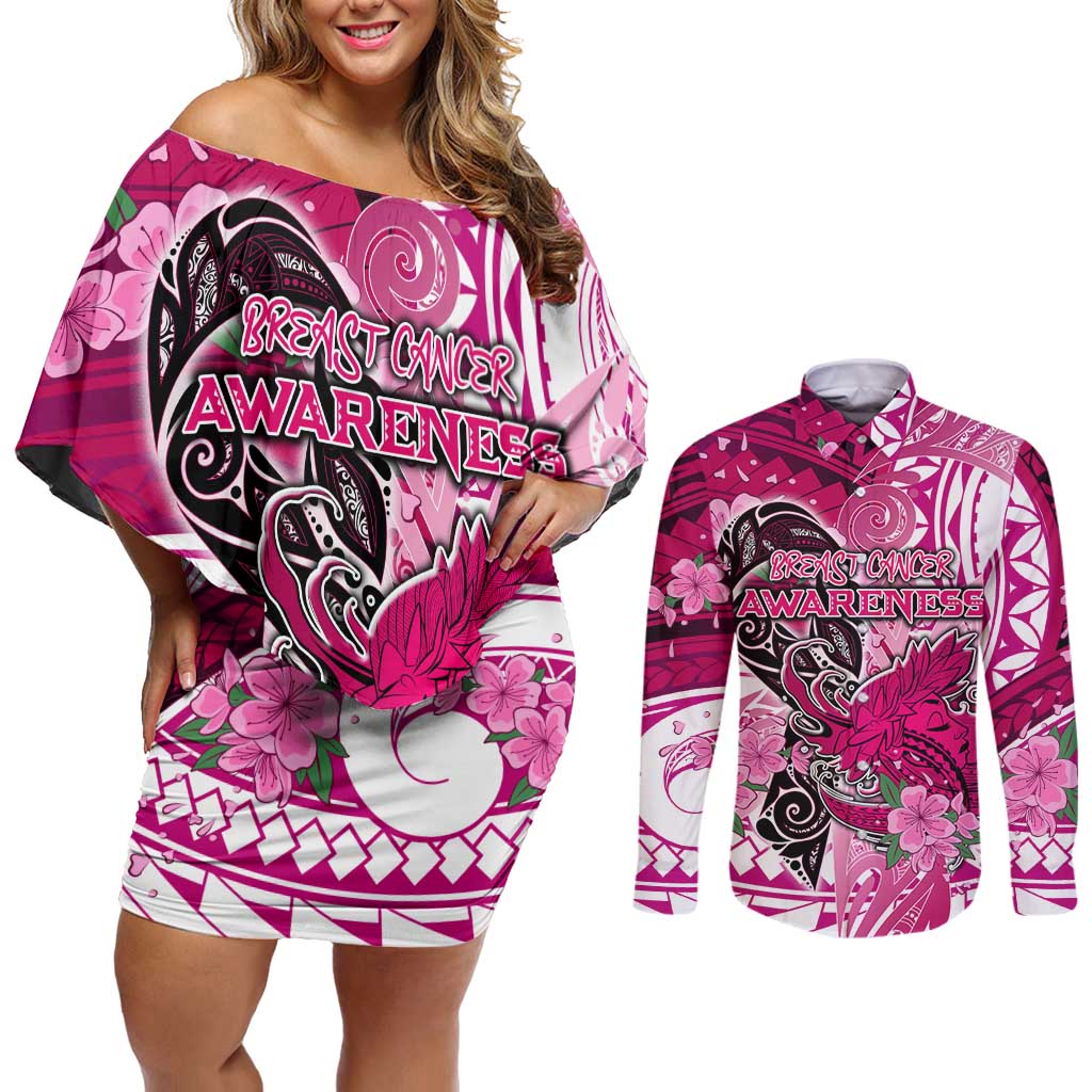 Breast Cancer Awareness Hawaii Couples Matching Off Shoulder Short Dress and Long Sleeve Button Shirt Polynesia Girl Nobody Fights Alone DT02 Pink - Polynesian Pride
