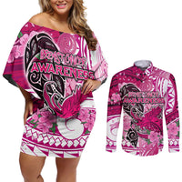 Breast Cancer Awareness Hawaii Couples Matching Off Shoulder Short Dress and Long Sleeve Button Shirt Polynesia Girl Nobody Fights Alone DT02 Pink - Polynesian Pride