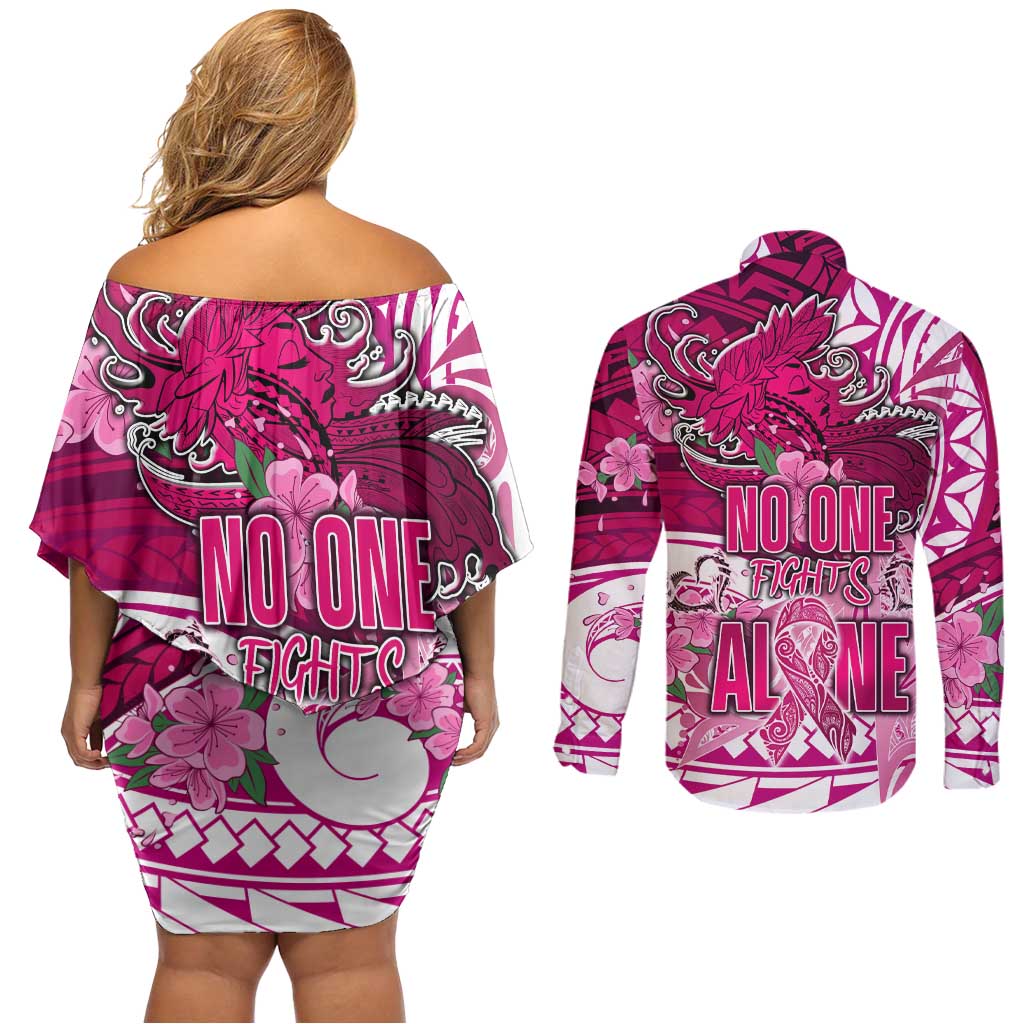 Breast Cancer Awareness Hawaii Couples Matching Off Shoulder Short Dress and Long Sleeve Button Shirt Polynesia Girl Nobody Fights Alone DT02 - Polynesian Pride