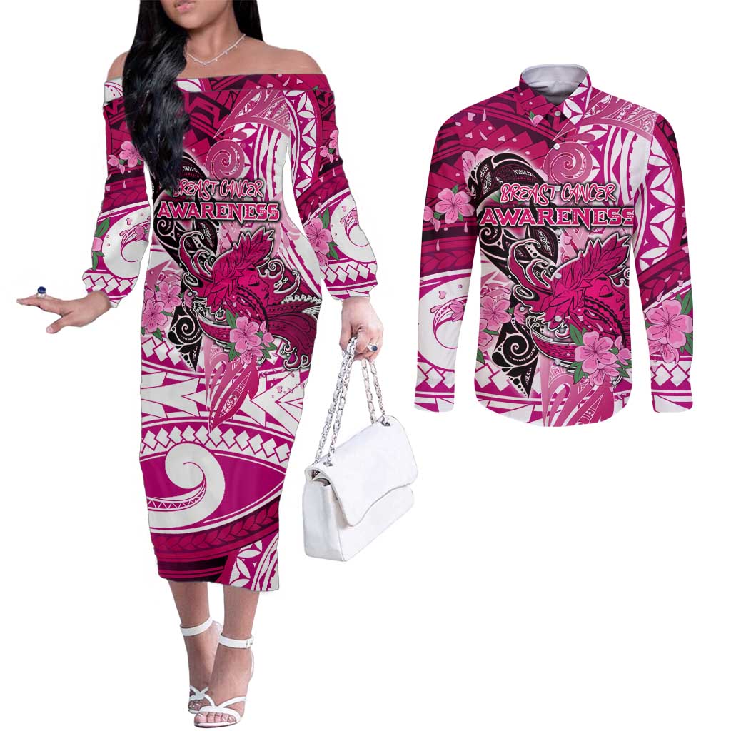Breast Cancer Awareness Hawaii Couples Matching Off The Shoulder Long Sleeve Dress and Long Sleeve Button Shirt Polynesia Girl Nobody Fights Alone DT02 Pink - Polynesian Pride