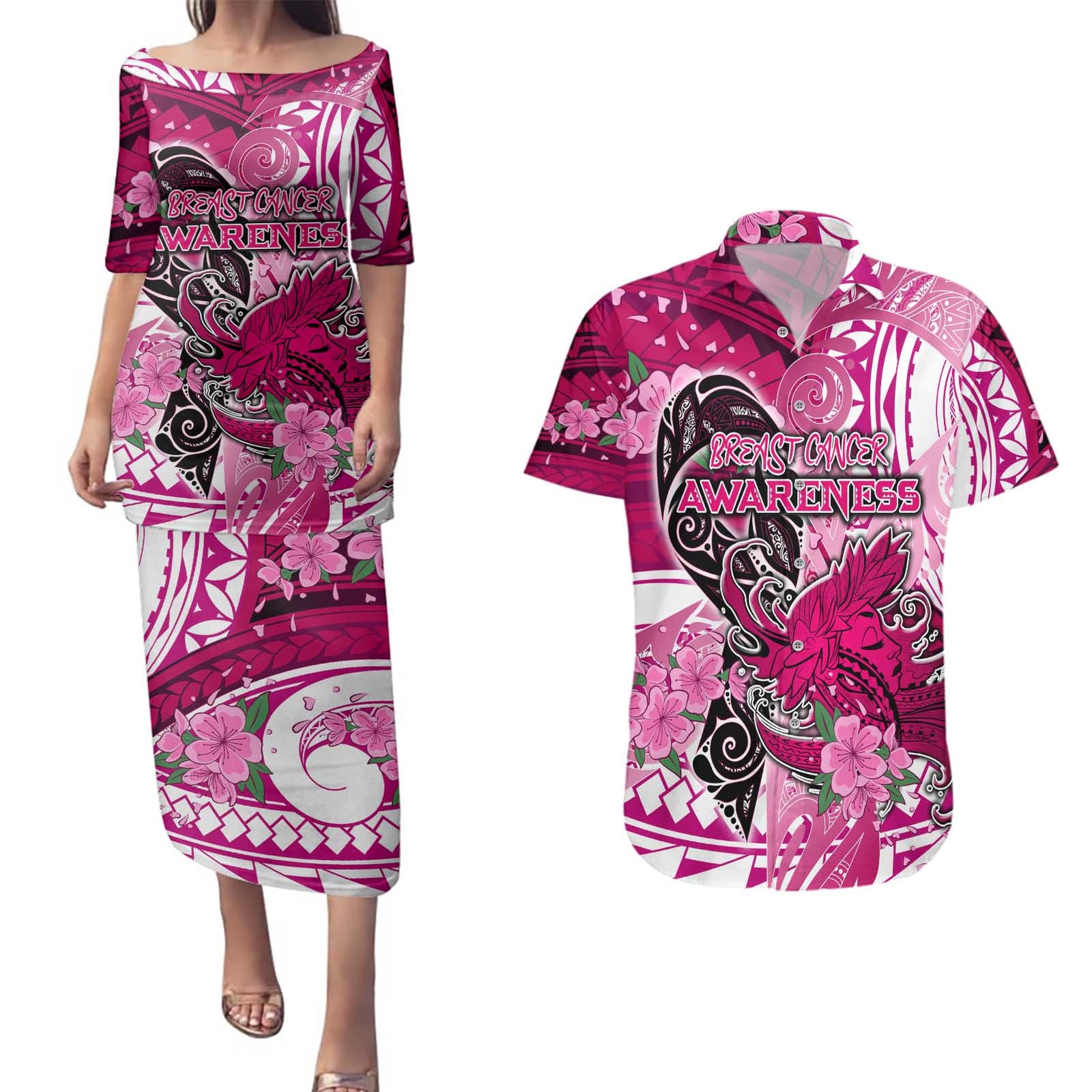 Breast Cancer Awareness Hawaii Couples Matching Puletasi and Hawaiian Shirt Polynesia Girl Nobody Fights Alone DT02 Pink - Polynesian Pride