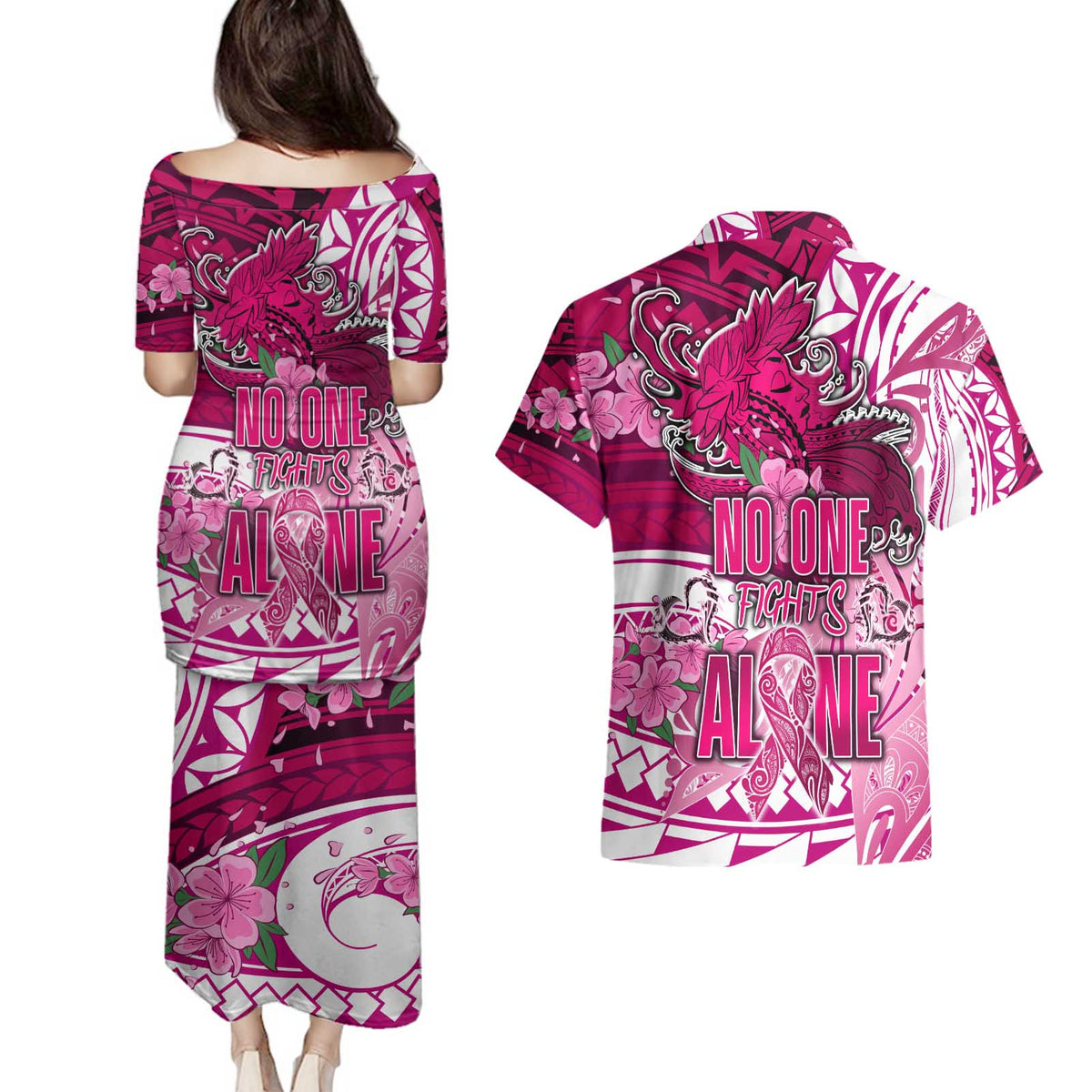 Breast Cancer Awareness Hawaii Couples Matching Puletasi and Hawaiian Shirt Polynesia Girl Nobody Fights Alone DT02 - Polynesian Pride