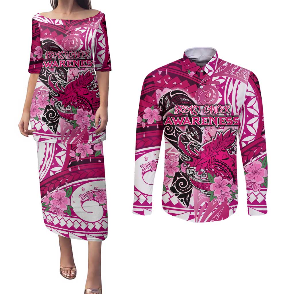Breast Cancer Awareness Hawaii Couples Matching Puletasi and Long Sleeve Button Shirt Polynesia Girl Nobody Fights Alone DT02 Pink - Polynesian Pride