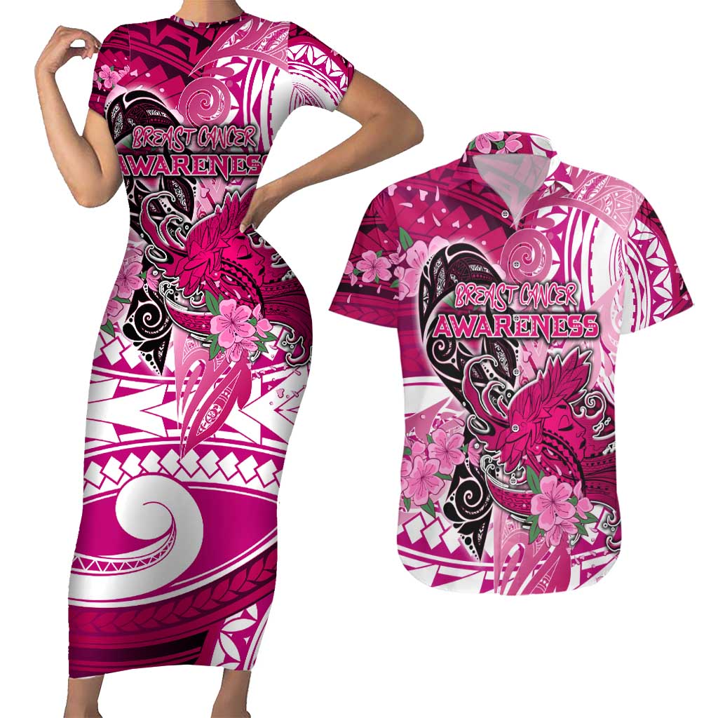 Breast Cancer Awareness Hawaii Couples Matching Short Sleeve Bodycon Dress and Hawaiian Shirt Polynesia Girl Nobody Fights Alone DT02 Pink - Polynesian Pride