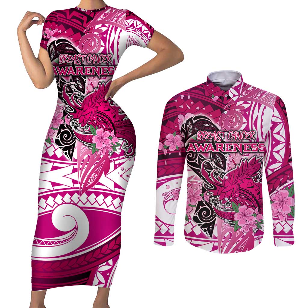 Breast Cancer Awareness Hawaii Couples Matching Short Sleeve Bodycon Dress and Long Sleeve Button Shirt Polynesia Girl Nobody Fights Alone DT02 Pink - Polynesian Pride
