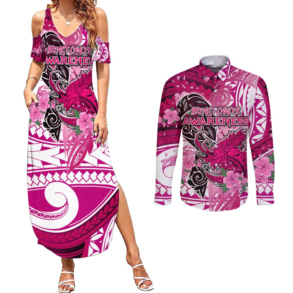 Breast Cancer Awareness Hawaii Couples Matching Summer Maxi Dress and Long Sleeve Button Shirt Polynesia Girl Nobody Fights Alone DT02 Pink - Polynesian Pride