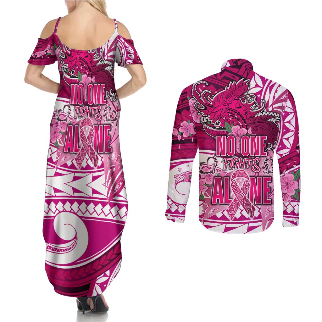 Breast Cancer Awareness Hawaii Couples Matching Summer Maxi Dress and Long Sleeve Button Shirt Polynesia Girl Nobody Fights Alone DT02 - Polynesian Pride